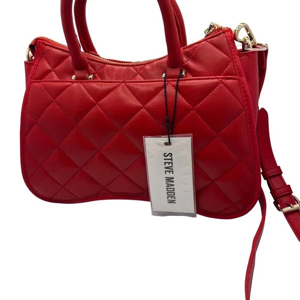 Steve Madden Vibrant Red Quilted Satchel Crossbody Bag Purse with Charm NWT